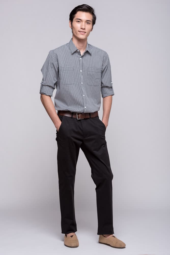 Men's roll up shirt black check chinos trousers pants
