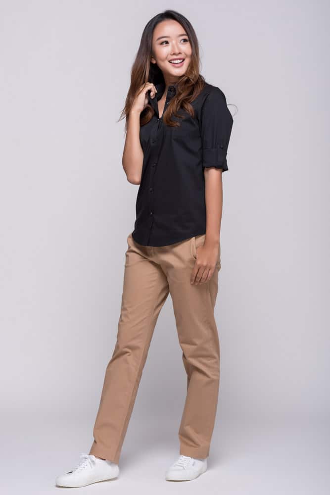 Ladies' roll up shirt black chinos camel trousers pants